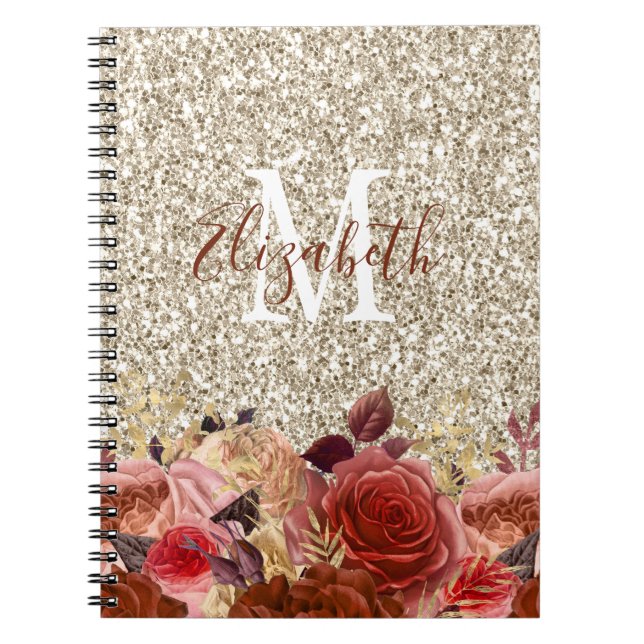 Caderno Espiral Flores Douradas de Rosa de Monograma Leve Dourada  (Frente)