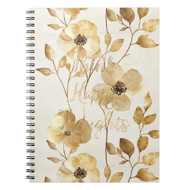 Caderno Espiral Flores Douradas Pensamentos Inspiradores Felizes (Frente)