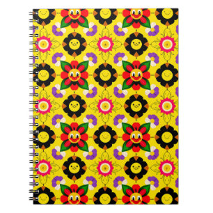 Caderno Espiral Flores e Abelhas Sorridentes de Desenho Animado