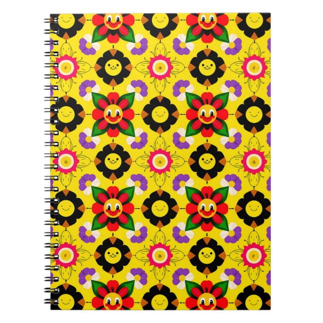 Caderno Espiral Flores e Abelhas Sorridentes de Desenho Animado (Frente)