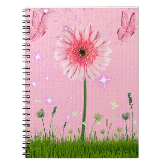 Caderno Espiral Flores e Borboletas Rosa