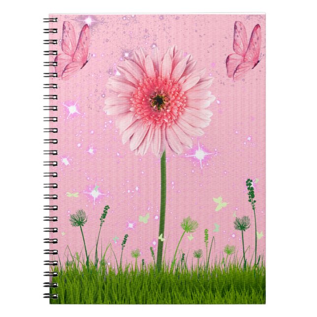 Caderno Espiral Flores e Borboletas Rosa (Frente)