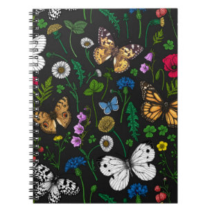 Caderno Espiral Flores e borboletas selvagens a preto