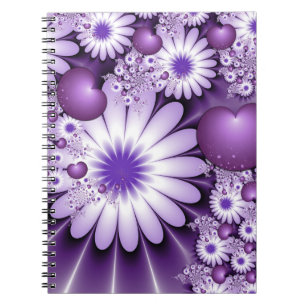Caderno Espiral Flores e Corações Abstrato de Amor Fractais