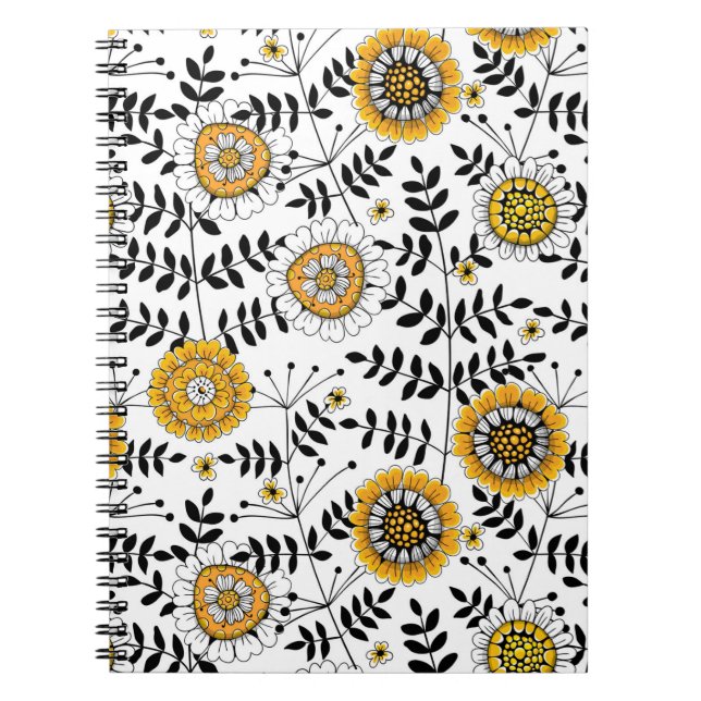Caderno Espiral Flores e folhas de rabo em amarelo e preto (Frente)