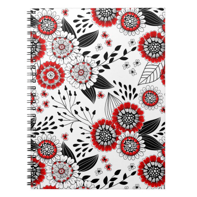 Caderno Espiral Flores e folhas de rabo em vermelho e preto (Frente)