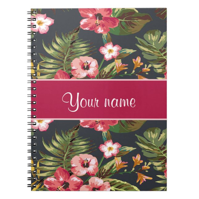 Caderno Espiral Flores e folhas tropicais elegantes do hibiscus (Frente)
