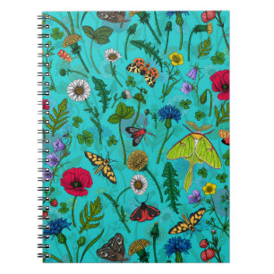 Caderno Espiral Flores e mariposas selvagens em teal