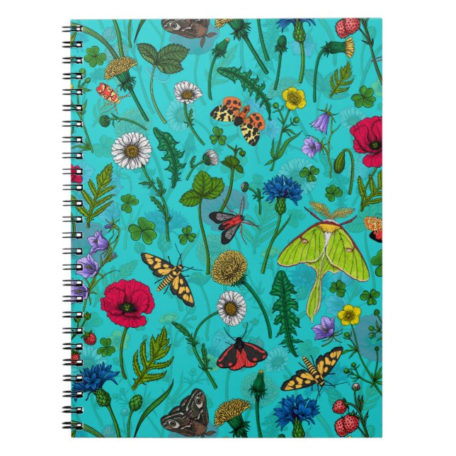 Caderno Espiral Flores e mariposas selvagens em teal (Frente)