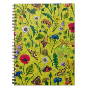 Caderno Espiral Flores e mariposas selvagens em verde