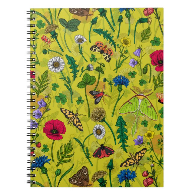 Caderno Espiral Flores e mariposas selvagens em verde (Frente)