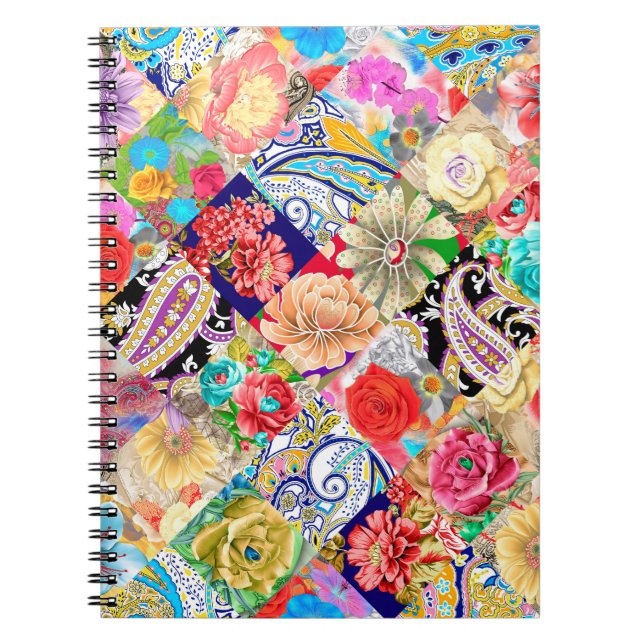 Caderno Espiral Flores e pássaros, sem costura, em planta (Frente)