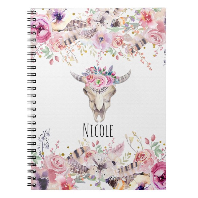 Caderno Espiral Flores e Vaca Crânio Russo Glam Boho Chic (Frente)