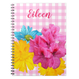 Caderno Espiral Flores e Xadrez Rosa