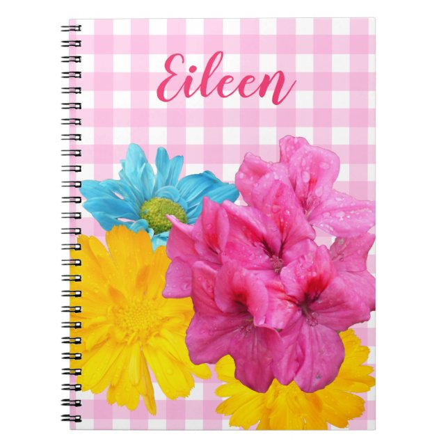 Caderno Espiral Flores e Xadrez Rosa (Frente)