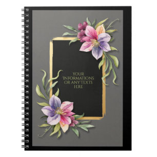 Caderno Espiral Flores em Aquarela - Arte de Moldura Dourada Estil