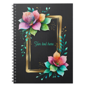 Caderno Espiral Flores em Aquarela - Moldura Dourada 34 + seu text