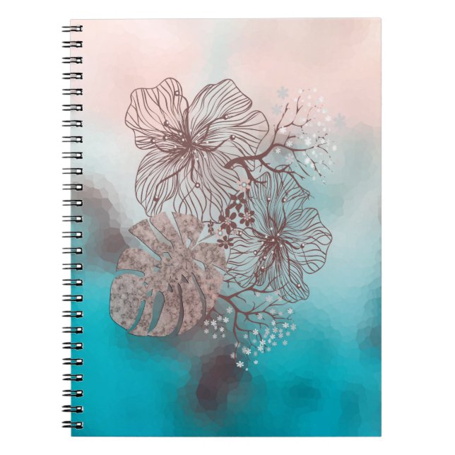 Caderno Espiral Flores esboçadas com abstrato folhas gradiente p f (Frente)