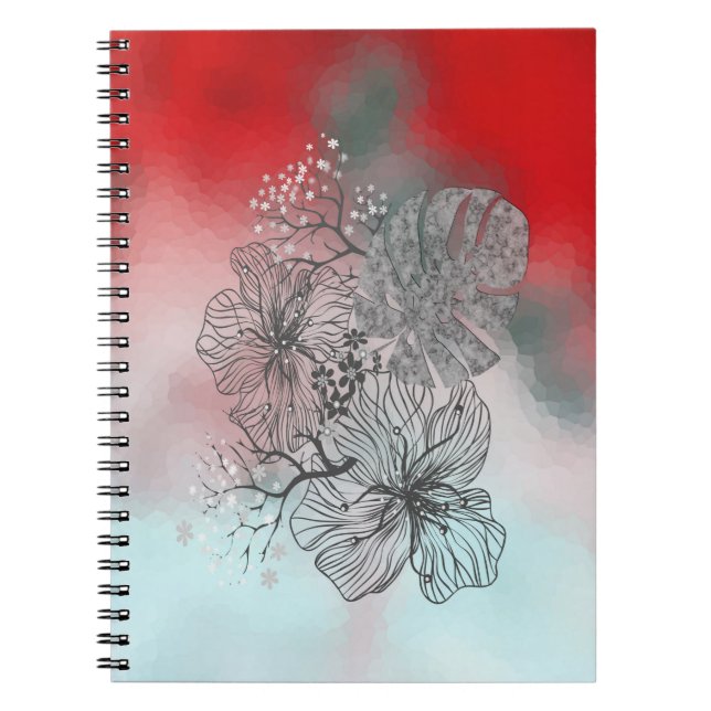 Caderno Espiral Flores esboçadas com abstrato folhas gradiente p f (Frente)
