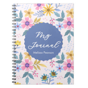 Caderno Espiral Flores Florais, Cor Azul, Cor Azul-Vidro, De Cor N