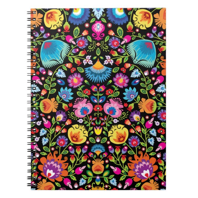 Caderno Espiral Flores folclóricas Wycinanki preto (Frente)