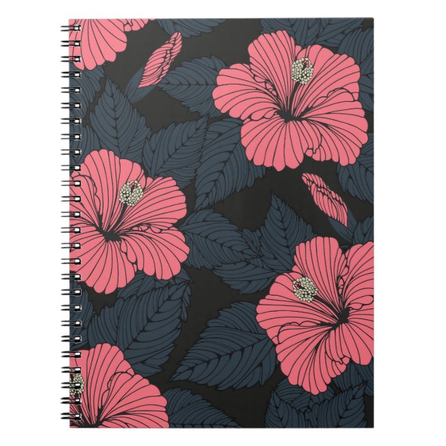 Caderno Espiral Flores Hibiscus: papel de parede sem costura escur (Frente)