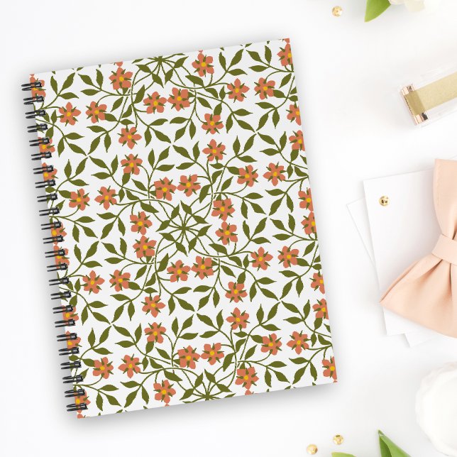 Caderno Espiral Flores Laranja, Padrão Floral, Verde, Boho (Criador carregado)