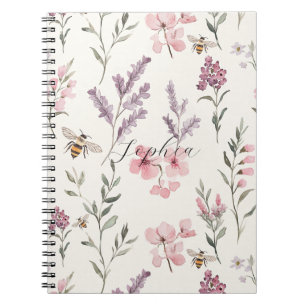 Caderno Espiral Flores Lavanda Rosa Abelhas