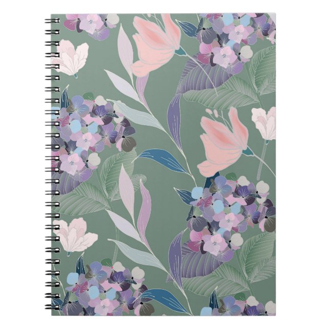 Caderno Espiral Flores Lilac Padrão de Cinza (Frente)