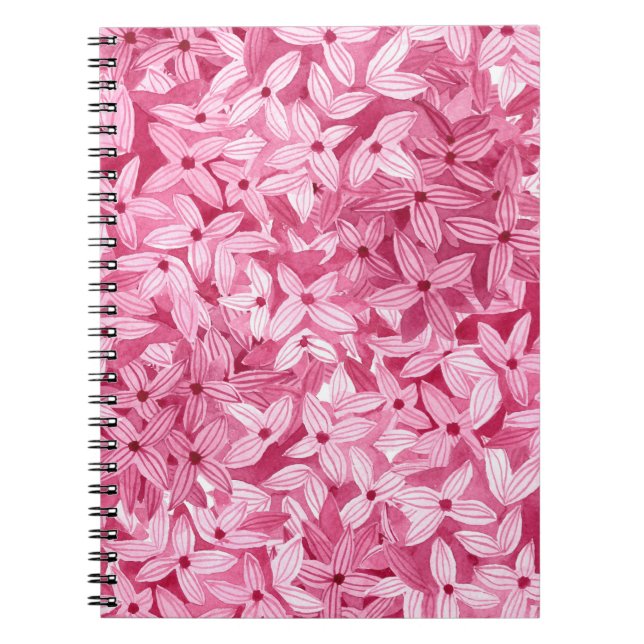 Caderno Espiral Flores lilases de aquarelas: fundo floral rosa (Frente)