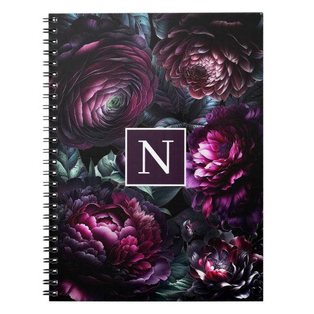 Caderno Espiral Flores Moody Negros Jardim Floral Encantado Preto (Frente)