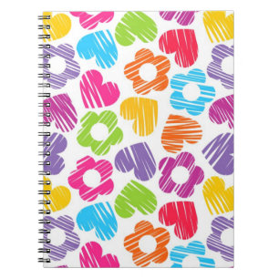 Caderno Espiral Flores multicolorido e corações bonitos padrão fem