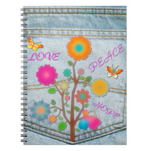 Caderno Espiral Flores no Bolso Traseiro de Jeans Paz Amor Esperan