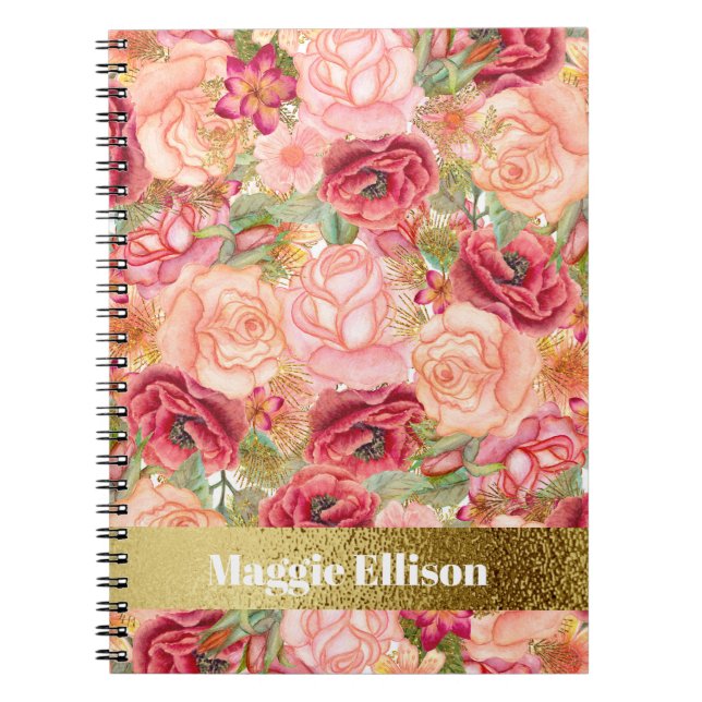 Caderno Espiral Flores Personalizadas de Rosas Dourados Vermelhos  (Frente)