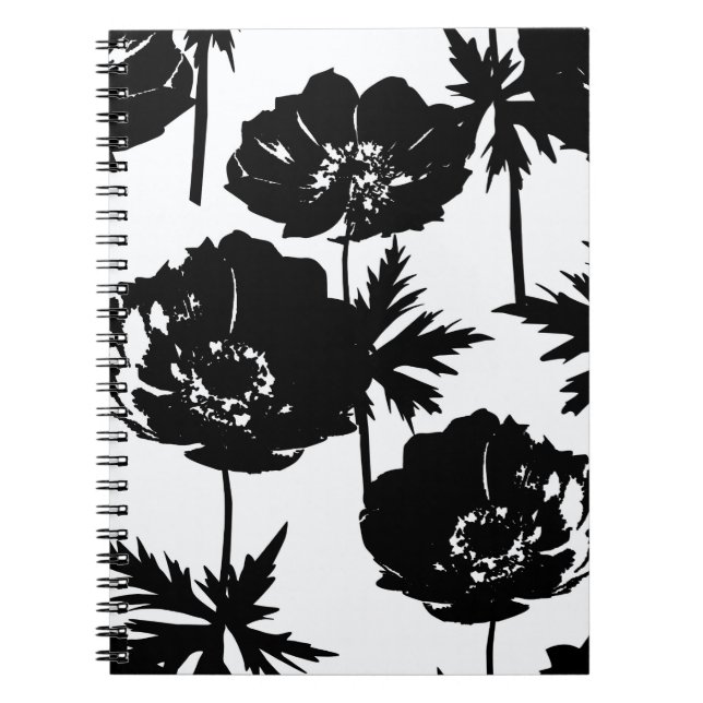 Caderno Espiral Flores pretas, brancas, monocromáticas (Frente)
