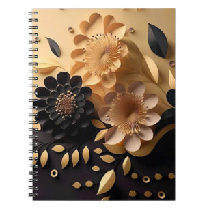 Caderno Espiral Flores Pretas e Douradas 3D