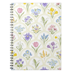 Caderno Espiral Flores primavera jardineiras em medalhão arco-íris