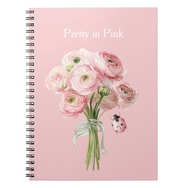Caderno Espiral Flores Ranunculus Rosa Bege Joaninha (Frente)