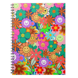 Caderno Espiral Flores Retro Groovy Boho Hippie