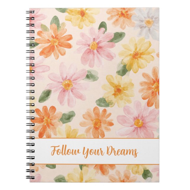 Caderno Espiral Flores Rosa Amarelo Azul Pêssego (Frente)