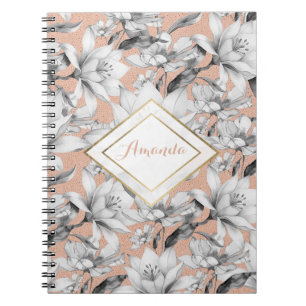Caderno Espiral Flores rosa douradas preto botânico