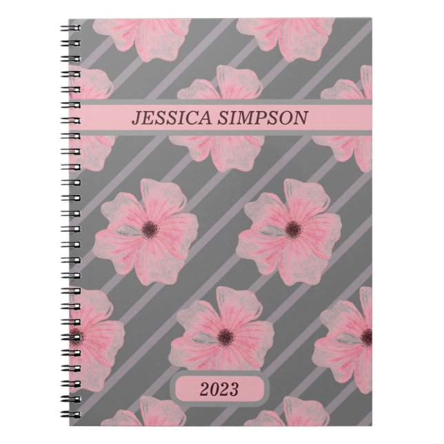 Caderno Espiral Flores Rosa E Blocos De Notebook Personalizado (Frente)