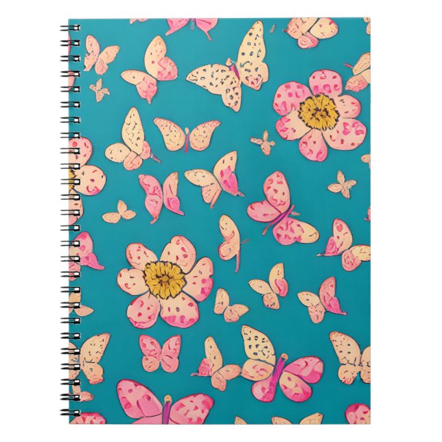 Caderno Espiral Flores rosa e borboletas Padrão Fundo (Frente)