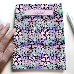 Caderno Espiral Flores Rosa e Roxo Divertidas com Nome Personaliza