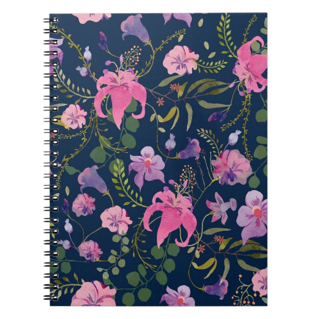Caderno Espiral Flores rosa e violeta com folhas verdes na d (Frente)
