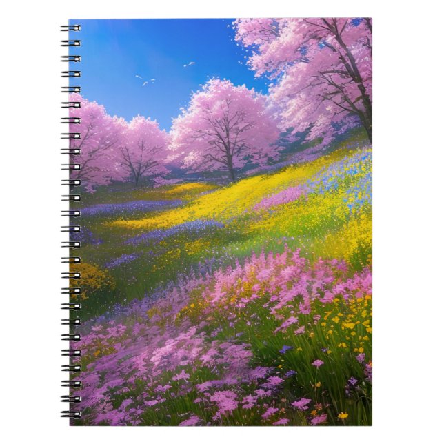 Caderno Espiral Flores Rosa em Serene Greenery (Frente)