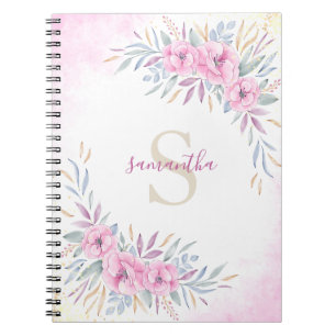 Caderno Espiral Flores Rosa Escamudo Monograma Elegante Aquarela