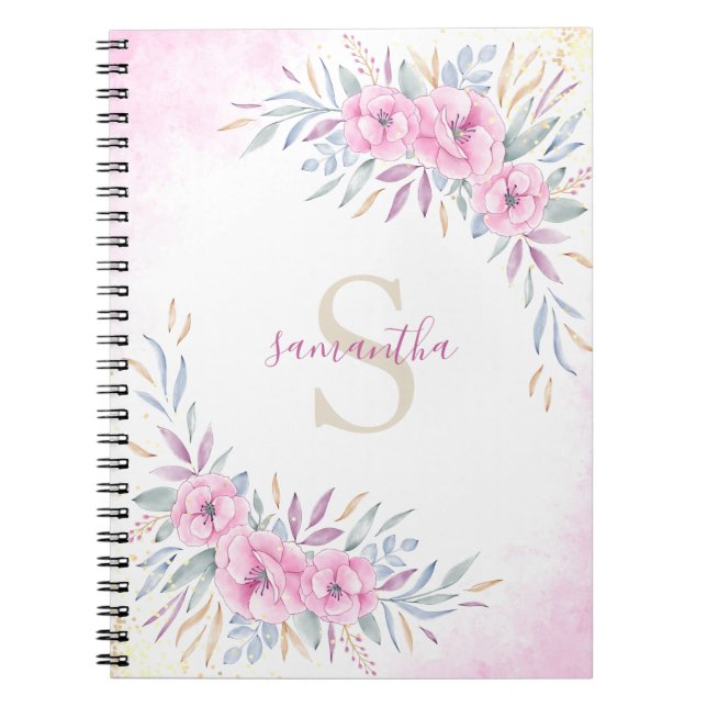 Caderno Espiral Flores Rosa Escamudo Monograma Elegante Aquarela (Frente)