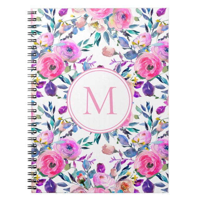 Caderno Espiral Flores Rosa Monograma Personalizado Púrpura (Frente)