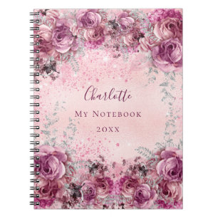 Caderno Espiral Flores roxas cor-de-rosa rosas com o nome prateado
